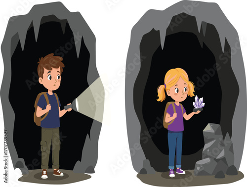 Cartoon kids exploring caves with flashlight and crystals, adventure discovery scene, educational vector for children’s learning and nature curiosity themes