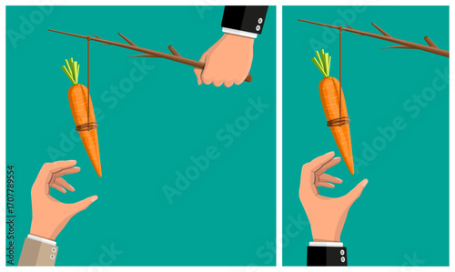Hand of a man holding stick with carrot on string. Man trying to reach dangling carrot. Incentive and motivation concept for business.