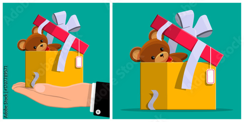 Man is holding gift box with teddy bear and ribbon. Present for birthday. Holiday surprise concept with a cute toy.