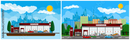 Modern car showroom building with various vehicles for sale. Used and new auto dealership in urban cityscape for transportation concept.