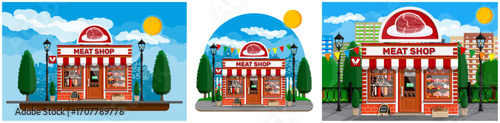 Meat shop or butcher store facade with awning and entrance. Rural or urban street market with fresh product. Retail business concept.
