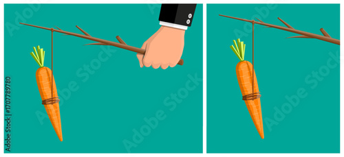 Business man hand with carrot on stick. Concept of motivation carrot and stick. Incentive or reward strategy for business motivation.