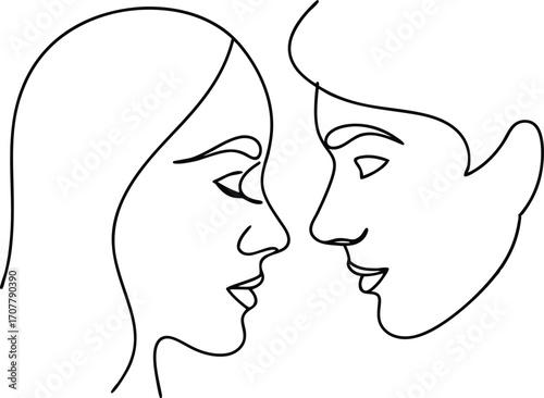 Couple Faces Single Line Drawing Vector, Romantic Couple One Line Art Vector