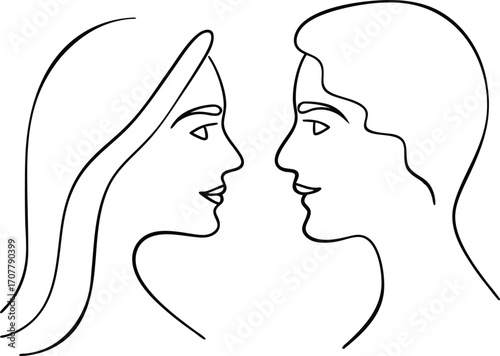 Couple Faces Single Line Drawing Vector, Romantic Couple One Line Art Vector