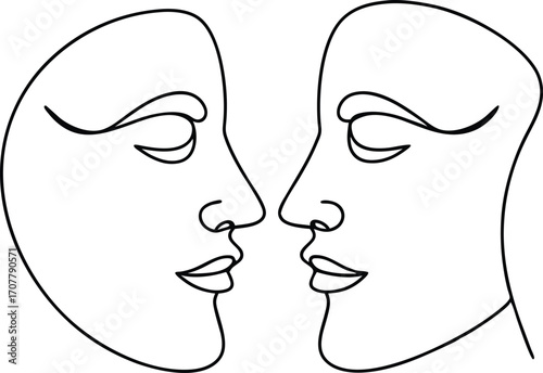 Continuous Line Drawing Couple Faces Vector, One Line Art Couple Portrait Illustration