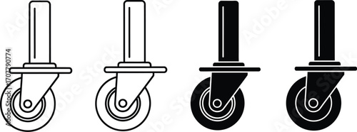 Set of four caster wheels, two outlined and two solid black, for easy mobility of furniture or equipment.