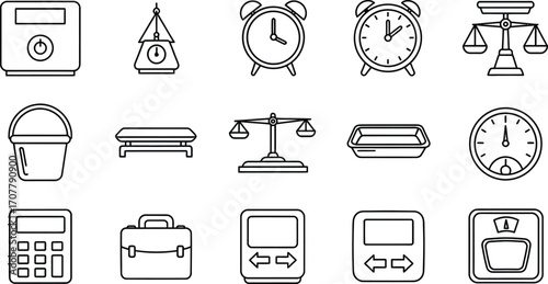 Collection of measuring and weighing instruments and office supplies, line art icons
