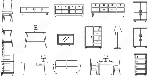 Collection of minimalist line art furniture icons for interior design and home decor