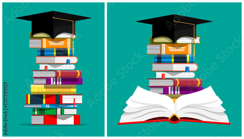 Graduation cap on stack of books and open book. Education and learning concept. Knowledge for student and school. Flat style.