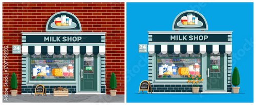 Milk shop facade with dairy products showcase. Storefront with fresh cheese, butter, yogurt, milk. Rural food store. Shop exterior design.