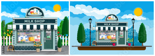 Two milk shop facades, one with a streetscape, the other with a rural setting. Dairy product store, retail concept. Local business illustration.