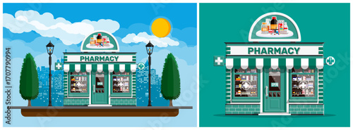 Pharmacy building facade with an open sign. Drugstore with medical cross and store full of pills. Healthcare service clinic concept.