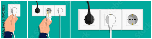 Man hand plugging in power cable into electrical wall socket. Electricity connection and disconnect concept for power supply. Flat vector illustration.