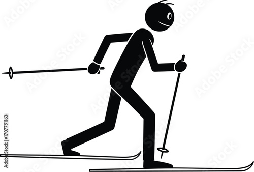 Stick figure skier glides across snowy landscape with poles, embodying winter sport and active lifestyle.