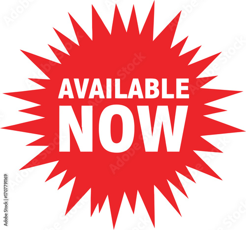 Bright red starburst with "AVAILABLE NOW" text, perfect for sales and announcements