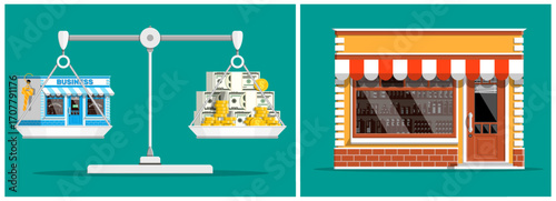 Scale weighing business shop with key against money stacks. Concept of business investment, buying, or selling a store.