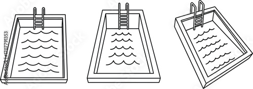 Simple line art illustrations of swimming pools with ladders and rippling water