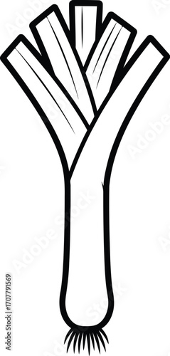 Simple, clean line art illustration of a fresh leek vegetable on a white background
