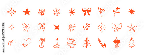 Vector illustration in simple hadn drawn style, in trendy playful whimsical quirky style, for Christmas and New Year prints, cards, banners, with funny and friendly mascot and character