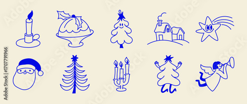 Vector illustration in simple hadn drawn style, in trendy playful whimsical quirky style, for Christmas and New Year prints, cards, banners, with funny and friendly mascot and character