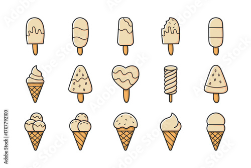 Set of Vanilla Flavor Cream Ice Cream Vector Icons in Cartoon Style
