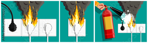 Hand using fire extinguisher on burning electrical outlet. Overload causing electric fire from power strip and plug. Home safety concept.