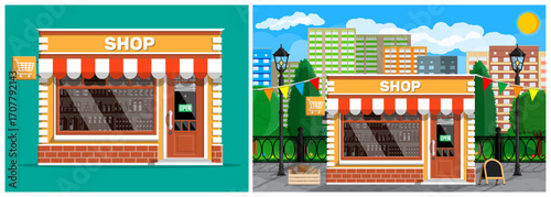 Shop building facade with red awning and open sign. Small business storefront. City street store illustration with cityscape.