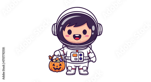 Cute cartoon astronaut in a spacesuit holding a Halloween pumpkin candy bucket, ideal for holiday themes and children's designs