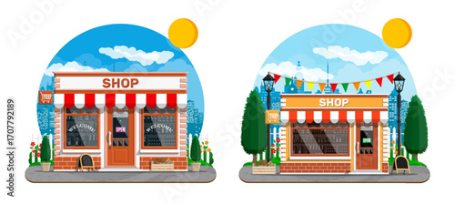 Flat style vector collection of two shop facades with awnings and storefronts. Retail building illustration for business concept.