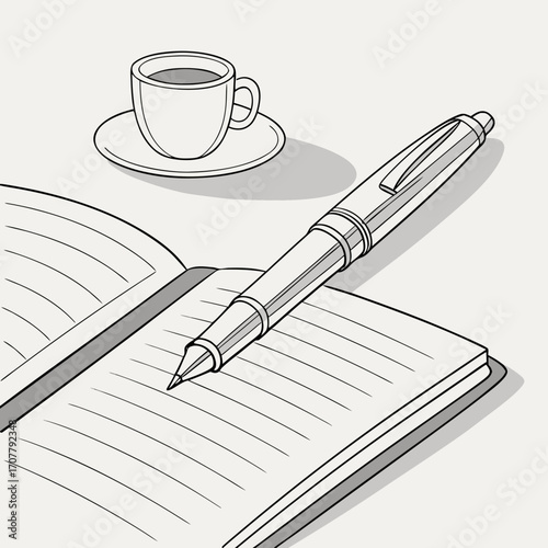 Vector art of an inviting illustration showcases a pen resting on an open notebook, accompanied by a cup of coffee, perfect for themes of writing, creativity, and relaxation