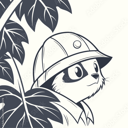 Vector art of adorable raccoon explorer, wearing a pith helmet and surrounded by lush foliage, embodying a sense of adventure and curiosity in a charming and whimsical illustration