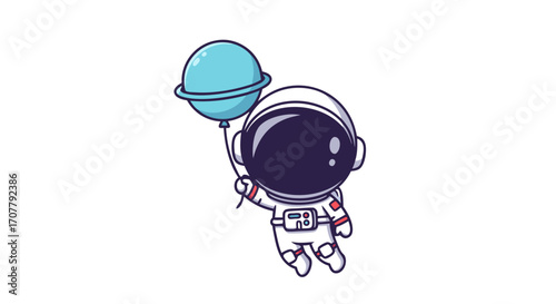 Cute astronaut floating with a blue planet-shaped balloon, illustration on a white background