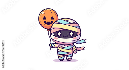 Adorable cartoon mummy character holding a glowing jack-o'-lantern balloon, perfect for Halloween celebrations and festive designs