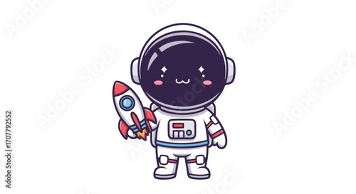 Cute cartoon astronaut holding a rocket, ready for space exploration and adventure