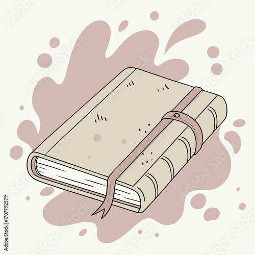 Vector art of a stylized illustration of a closed journal with a strap and ribbon bookmark, set against a soft, abstract background, rendered in a muted color palette