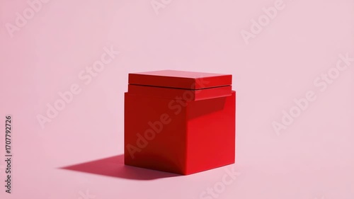 A red box with a white background. The box is open and the inside is empty. The box is sitting on a pink background