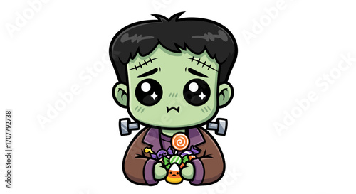Cute Frankenstein's monster illustration with candy, a happy trick-or-treat character with stitches and bolts, perfect for Halloween decorations and spooky fun