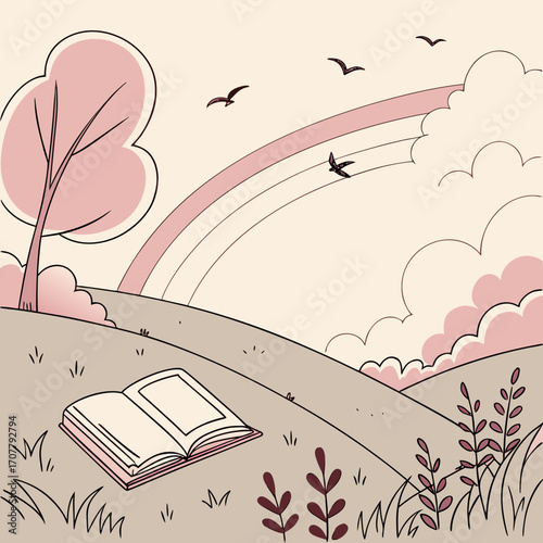 Vector art of a charming illustration of a book lying on a hill with a tree, rainbow, and birds in the sky, creating a peaceful and idyllic scene, perfect for storybook designs