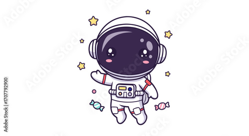 Cute cartoon astronaut character waving with stars and candies floating in space, whimsical illustration