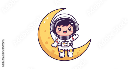 Cute cartoon astronaut sitting on a crescent moon, adorable space exploration character, perfect for children's themes and space education