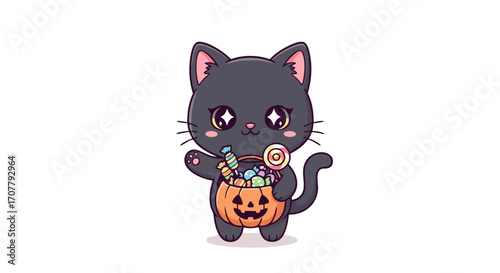 Cute black cat in a pumpkin basket filled with candy for Halloween trick-or-treating, perfect for festive decorations and holiday themes