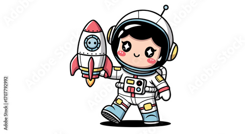 Cute cartoon astronaut in a white spacesuit holding a small rocket, representing childhood dreams of space exploration, future science, and cosmic adventure