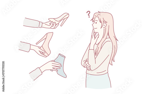 Difficult choice and variety concept. Young frustrated woman cartoon character standing trying to choose colorful shoes vector illustration