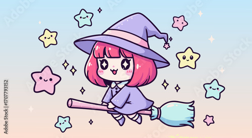 Adorable animated witch with vibrant pink hair soaring on a broomstick, surrounded by twinkling, cheerful stars against a soft pastel sky, perfect for whimsical, magical designs