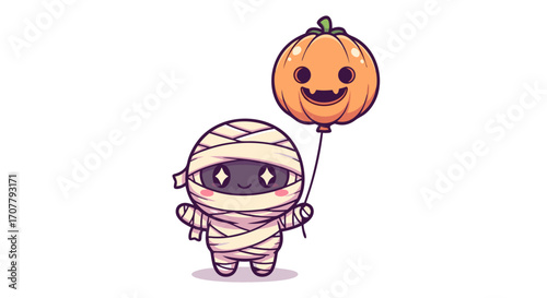 A cute cartoon mummy character holding a jack-o'-lantern pumpkin balloon. Adorable Halloween monster mascot vector illustration on an isolated white background