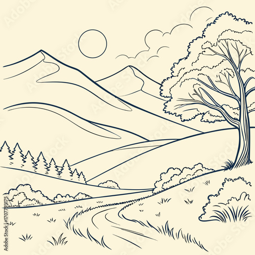 Vector art of a serene landscape illustration depicts rolling hills, mountains, a winding path, and a solitary tree, capturing the beauty of nature in a minimalist handdrawn style