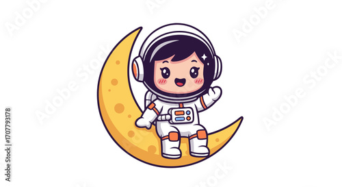 Adorable cartoon girl astronaut character, wearing a spacesuit, happily seated on a yellow crescent moon, representing space exploration and dreams of the cosmos