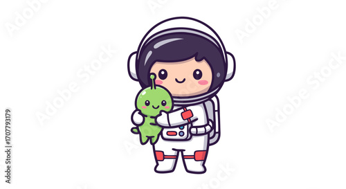 Charming cartoon astronaut happily holding a cute green alien friend, symbolizing cosmic discovery, intergalactic friendship, and whimsical space adventure