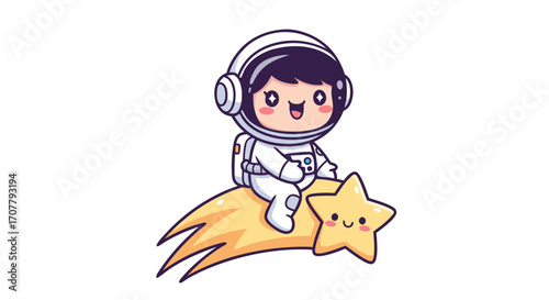 Adorable cartoon astronaut character flying joyfully on a bright, happy shooting star through the vast, open cosmos, embodying dreams of exploration and discovery in a whimsical adventure