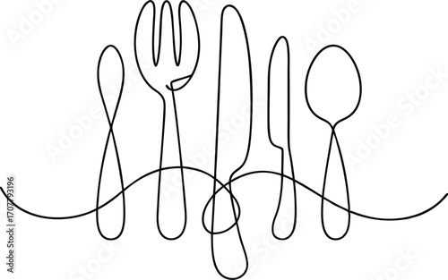 Continuous Line Art Utensils, Single Line Spoon, Fork, Knife for Hotel, Cafe, and Kitchenware Design